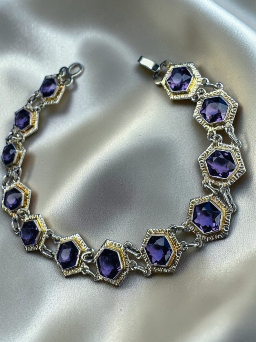 ANTIQUE- 10K White Gold -Art Deco -Hexagonal Amethyst Bracelet - 7" -7.5g ca1920